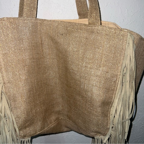 Muche et Muchette Tan/Gold Jute Suede
Fringe Accented Tote - Picture 13 of 14